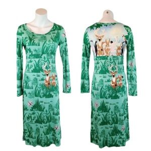 70s Gene Berk GB3 Maggie Print Flora Fauna Woodland Green Midi Sheath Dress S/M